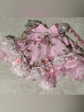 Pink Floral Lace Ruffle Dress with Rose Accents